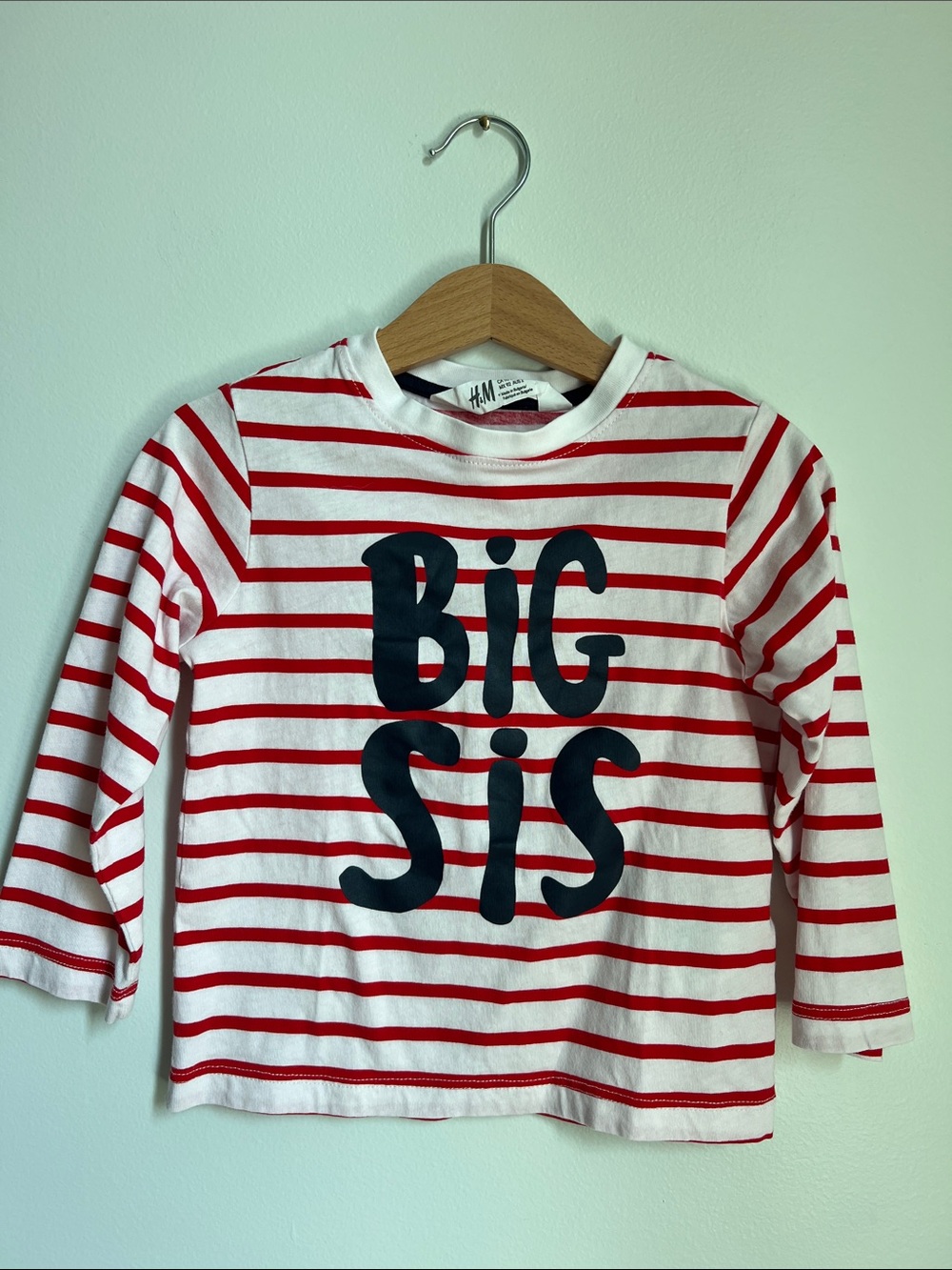 H&M | Kids White & Red Striped Long-Sleeve Tee with Navy 'Big Sis' Print Sz 1-2Y